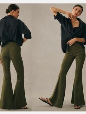 Maeve Anthropologie Slim Trumpet Flare Pants Olive Green Stretch Boho Chic Retro